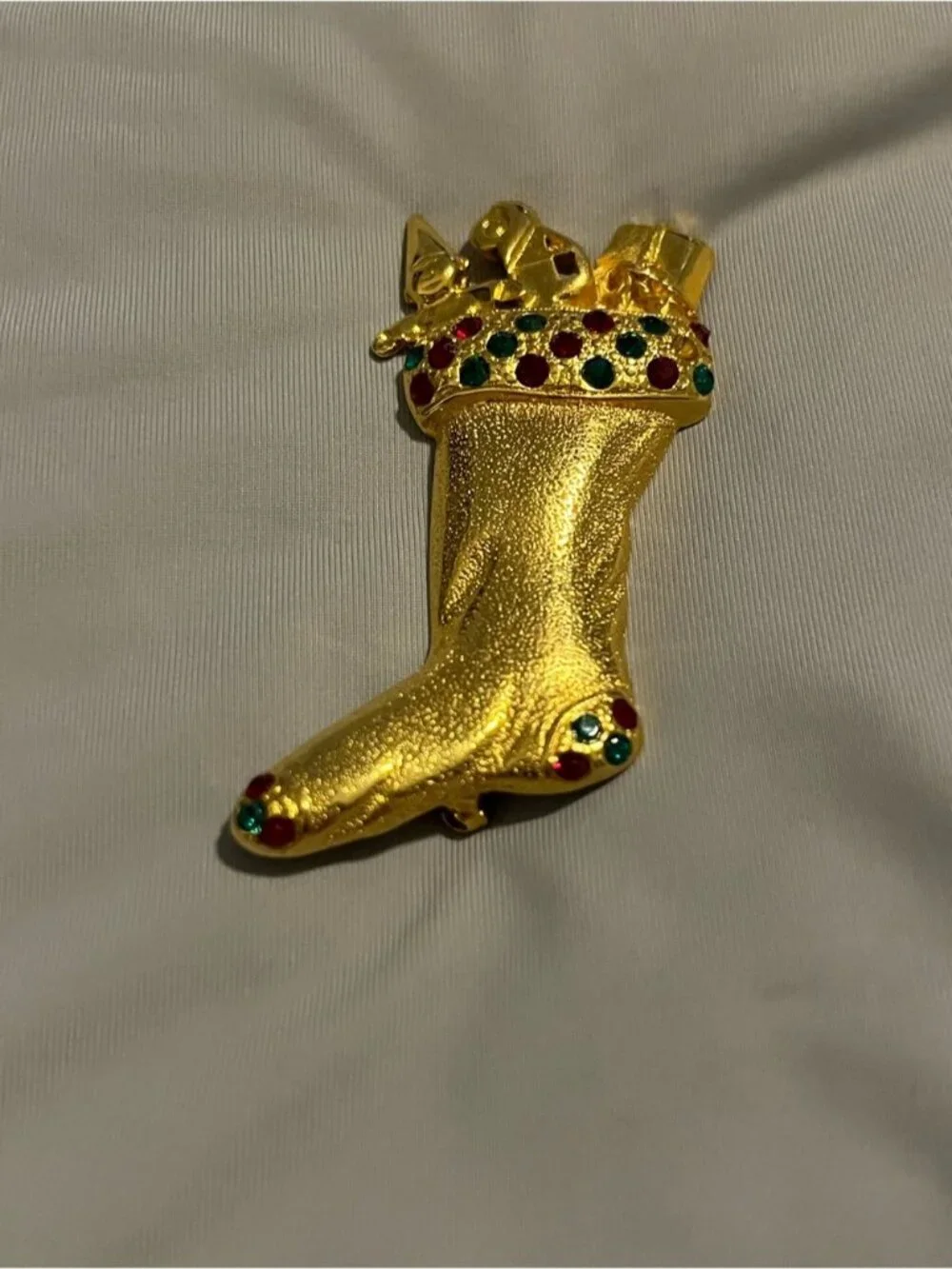Vintage Gold Stocking Brooch with Red & Green Accents